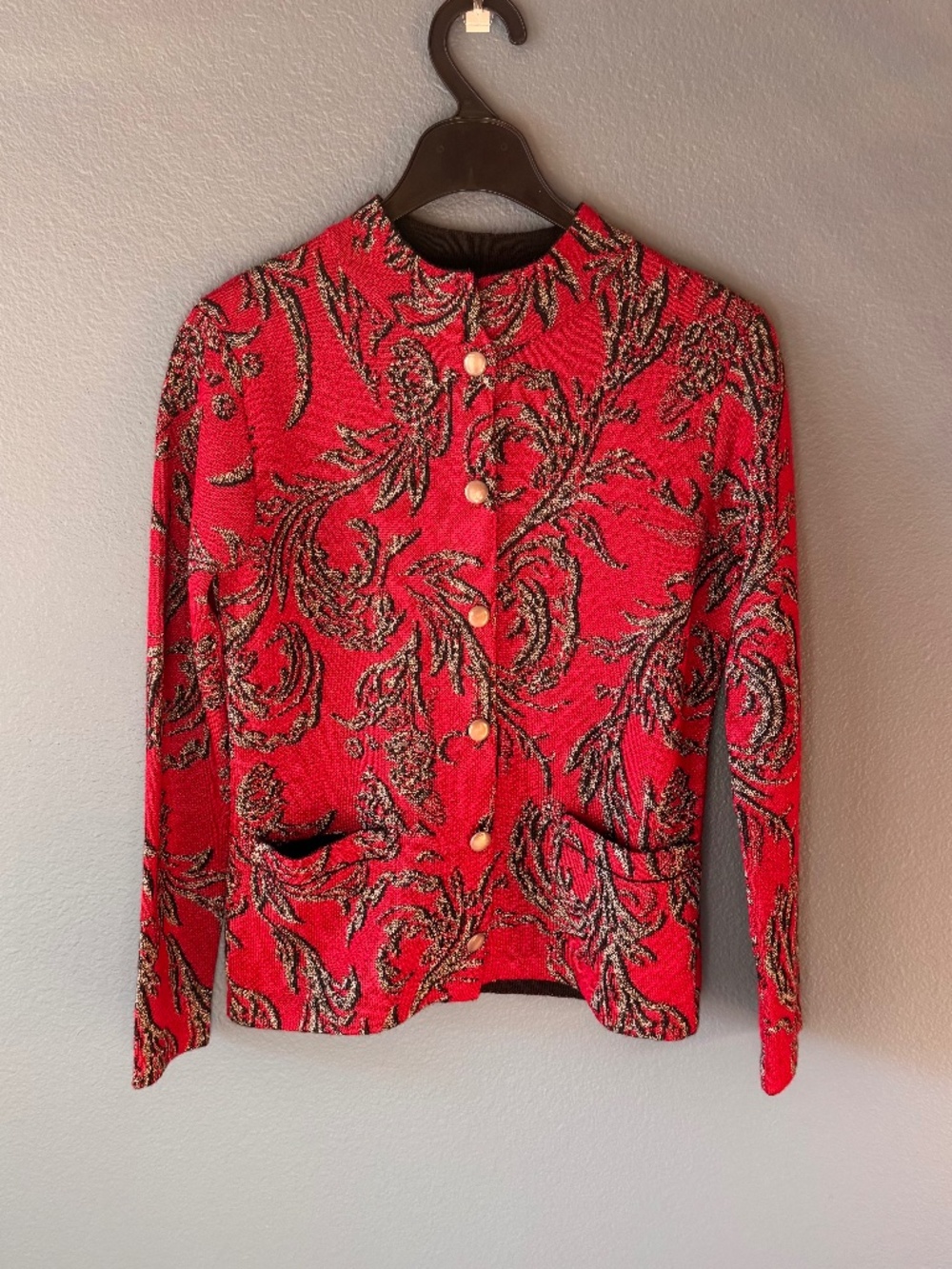 Intiwara 100% Baby Alpaca Jacquard Button Cardigan Jacket‎ Red Black Small